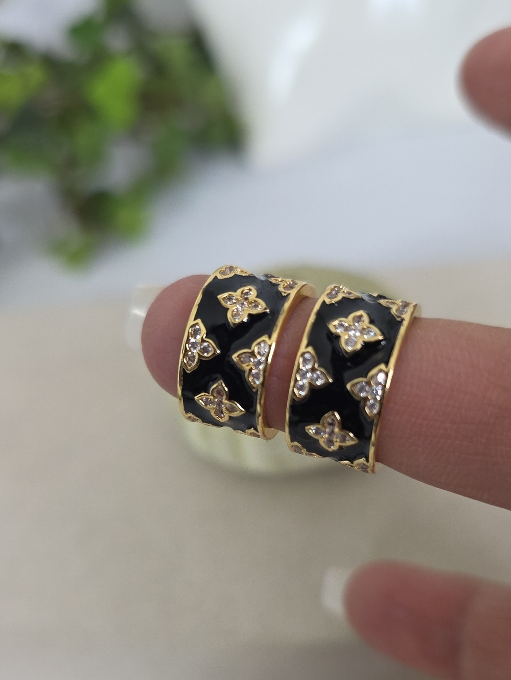 Gold-Filled Enamel & Crystal Hoop Earrings - Elegant Black & Gold Statement